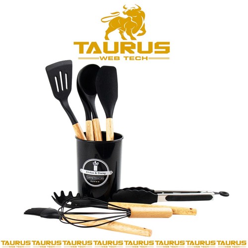 Black silicone utensils set - black,